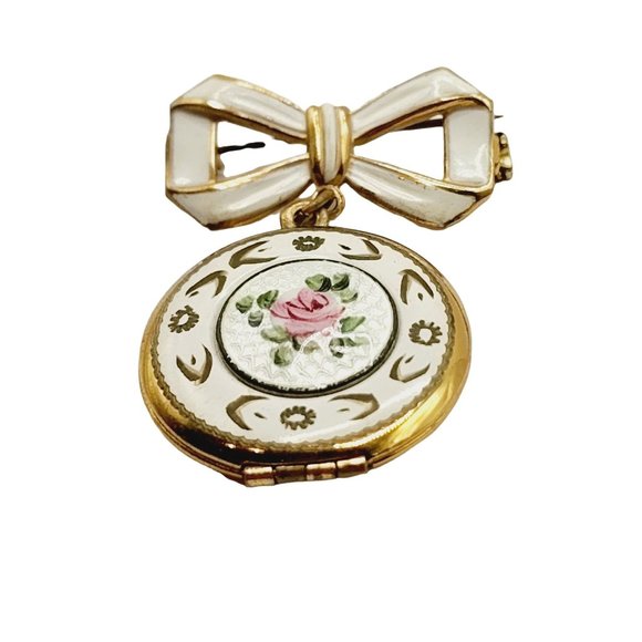 Antique Guilloche Bow Hanging Locket w/ Picture Brooch (A459) - Picture 1 of 4